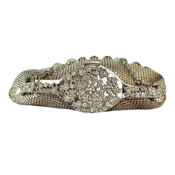 Vintage Whiting & Davis Silver Ombre Metal Mesh Crystal Wedding Evening Bag - Picture 7 of 10